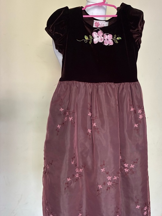 Other - Vintage C.C. Couture Girls Brown Velvet & Floral Embroidered Dress